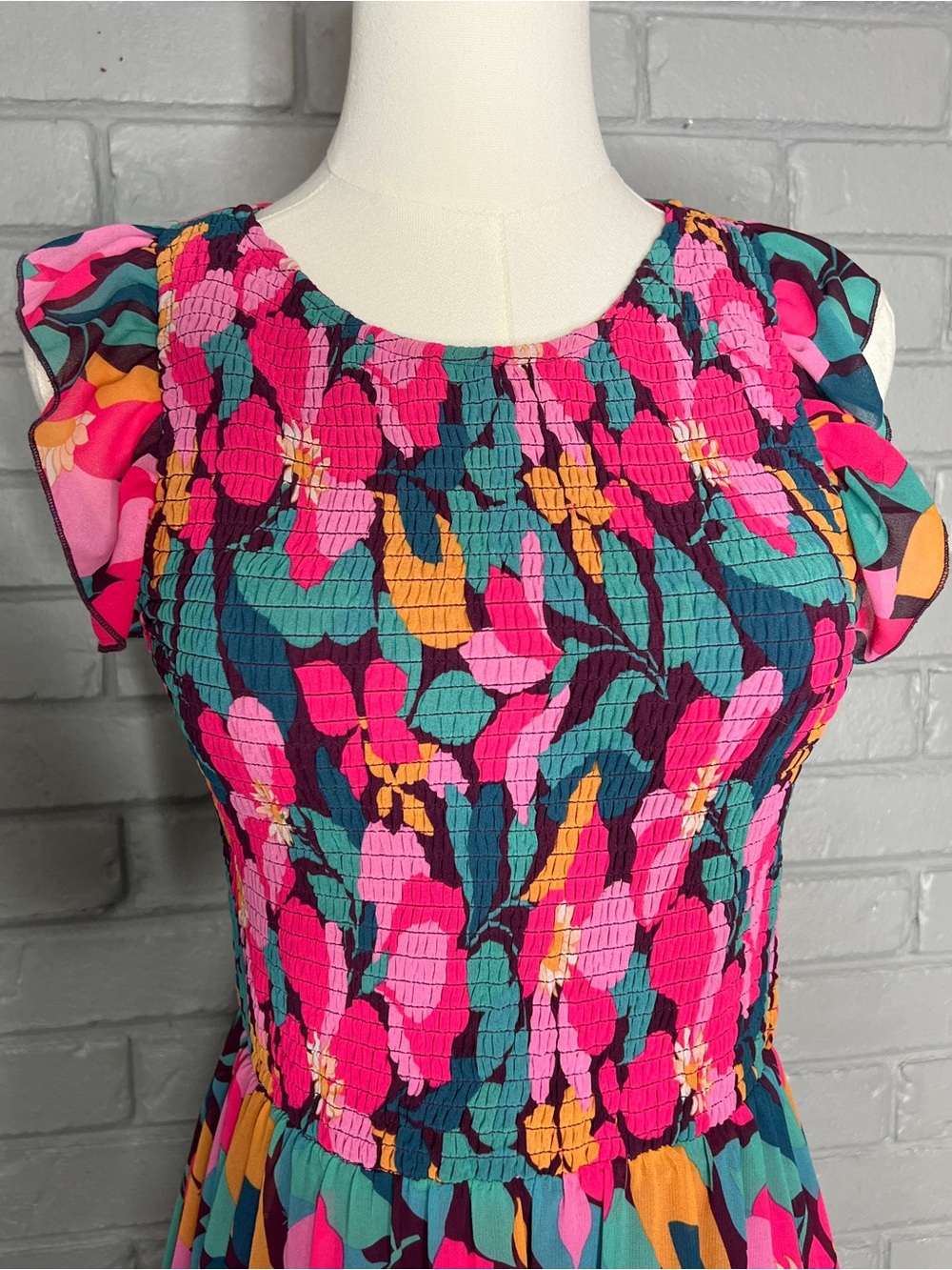 MELLODAY Multicolored Floral Maxi Tiered Dress With Smocked Detailing Size Small - Picture 5 of 16